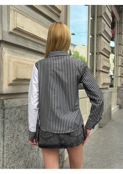 Kadın Özel Tasarım Yaka Kol Düğmeli Çizgili Garnili Bluz Boy Pamuk Curve Şık Gömlek modelleri
