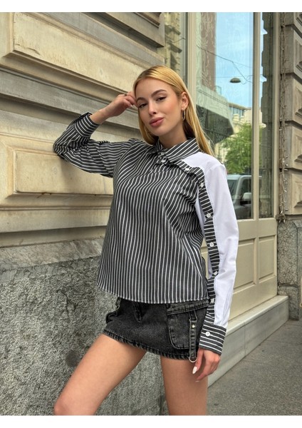 Kadın Özel Tasarım Yaka Kol Düğmeli Çizgili Garnili Bluz Boy Pamuk Curve Şık Gömlek indirimleri