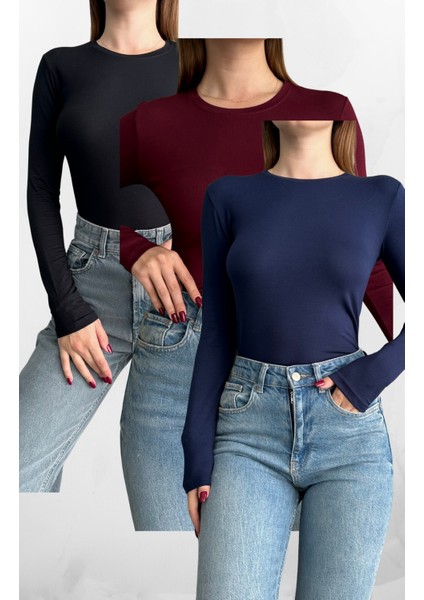 Siyah-Bordo-Lacivert 3'lü Bisiklet Yaka Basic Uzun Kollu Body Siyah-Lacivert-Bordo / Standart