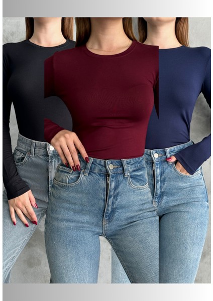 Siyah-Bordo-Lacivert 3'lü Bisiklet Yaka Basic Uzun Kollu Body Siyah-Lacivert-Bordo / Standart fiyatları