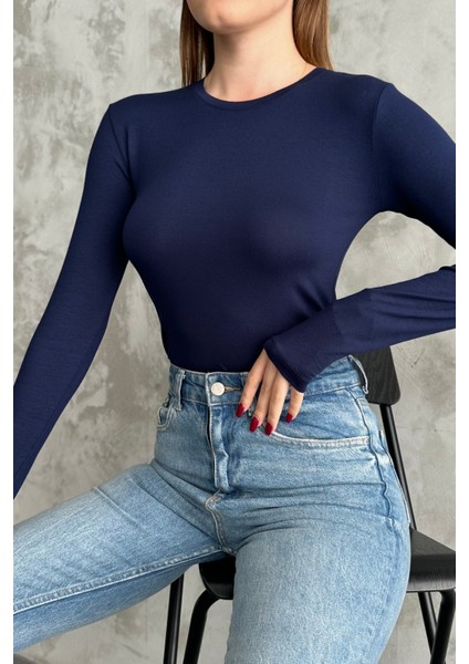 Siyah-Bordo-Lacivert 3'lü Bisiklet Yaka Basic Uzun Kollu Body Siyah-Lacivert-Bordo / Standart