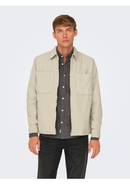 Erkek Relaxed Fit Fermuarlı Bej Kadife Ceket - 22029769