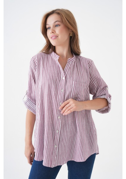 Kadın Hakim Yaka Geniş Kalıp Tesettüre Uygun Çizgili Spor Şık Curve Gömlek