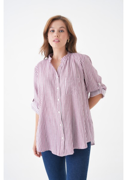 Kadın Hakim Yaka Geniş Kalıp Tesettüre Uygun Çizgili Spor Şık Curve Gömlek fiyatları