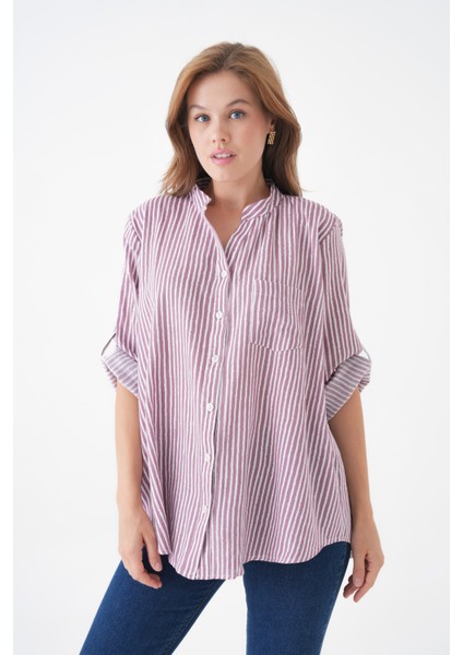 Kadın Hakim Yaka Geniş Kalıp Tesettüre Uygun Çizgili Spor Şık Curve Gömlek modelleri