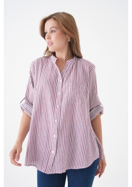 Kadın Hakim Yaka Geniş Kalıp Tesettüre Uygun Çizgili Spor Şık Curve Gömlek fırsatları