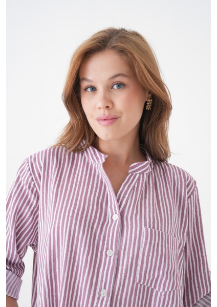 Kadın Hakim Yaka Geniş Kalıp Tesettüre Uygun Çizgili Spor Şık Curve Gömlek indirimleri