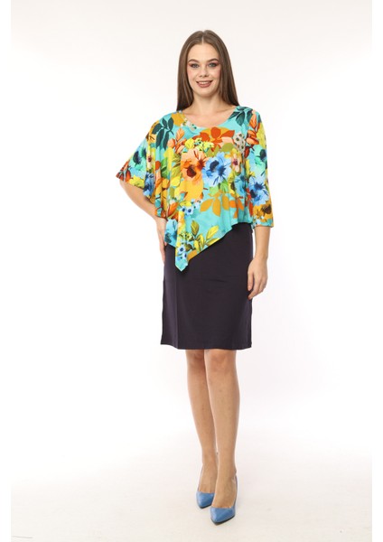 Kadın Desenli Şal Yaka Viskon Curve Büyük Beden Spor Şık Çiçekli Midi Boy Elbise