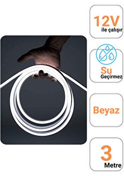 12 Volt 3 Metre Beyaz Neon LED Işık Prize Takılmaya Hazır Değil Neon Şerit LED Esnek Silikonlu fiyatları