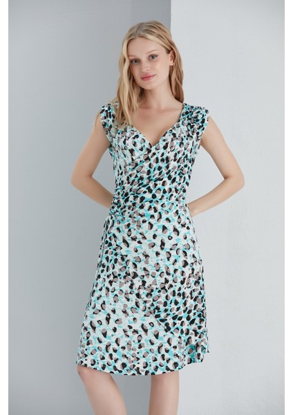 Kadın Leopar Bele Oturan Büzgü Detay Kruvaze Mavi Viskon Elbise fırsatları