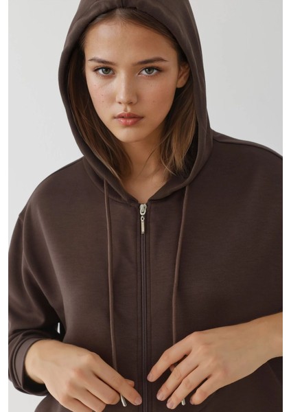 Kadın Modal Touch Fermuarlı Kapşonlu Sweatshirt Brown fiyatları