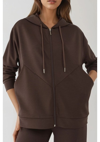 Kadın Modal Touch Fermuarlı Kapşonlu Sweatshirt Brown