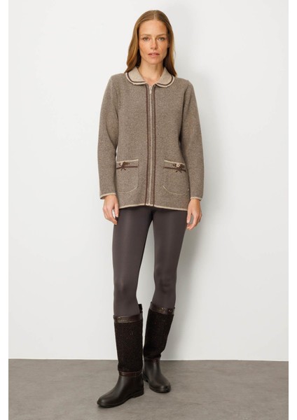 Kadın Polo Yaka Cebi Nakış Işlemeli Yün Hırka K.bej fiyatları