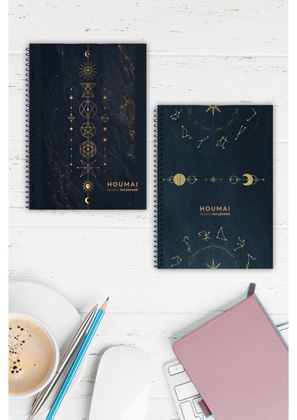 A5 Spiralli Defter 2'li Set Çizgili 96 Sayfa Karton Kapak Houmai Mistik ve Umay Zodyak