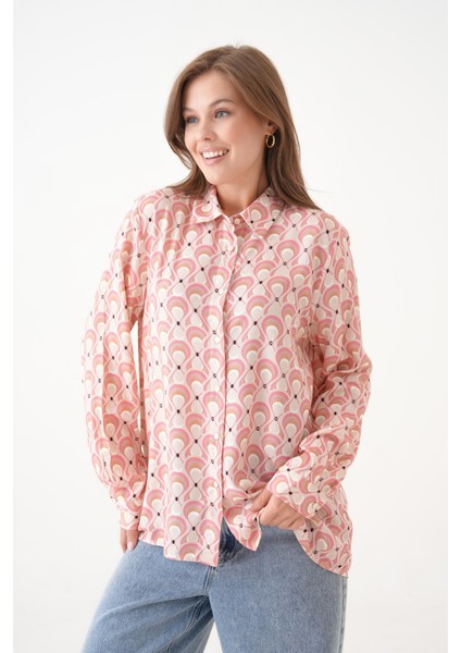 Kadın Tesettüre Uygun Desenli Uzun Kol Pamuk Şık Büyük Beden Desenli Curve Rahat Gömlek