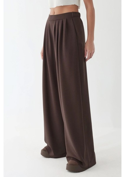 Kadın Modal Touch Pile Detaylı Geniş Paça Pantolon Kestane Kahvesi
