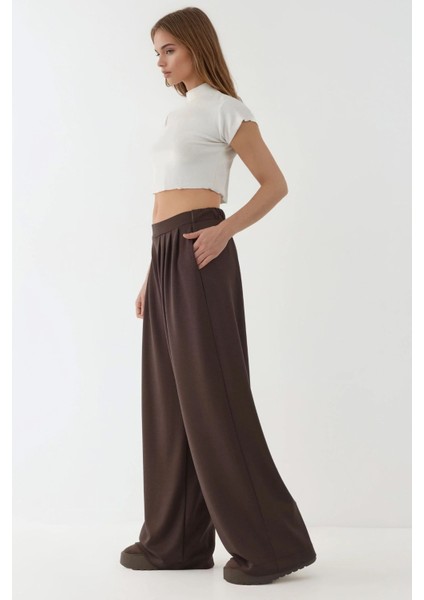 Kadın Modal Touch Pile Detaylı Geniş Paça Pantolon Kestane Kahvesi modelleri