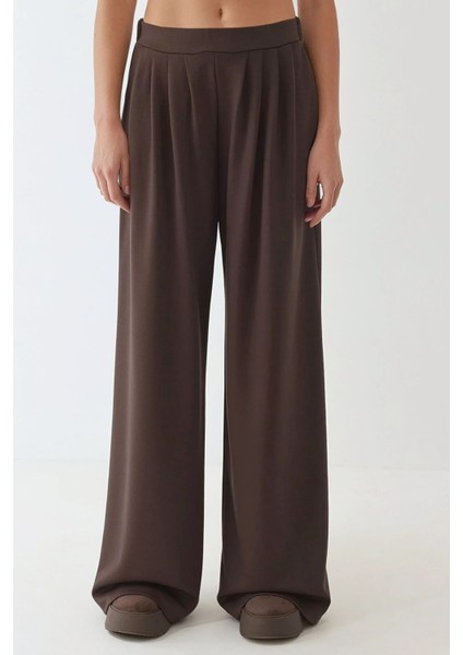 Kadın Modal Touch Pile Detaylı Geniş Paça Pantolon Kestane Kahvesi