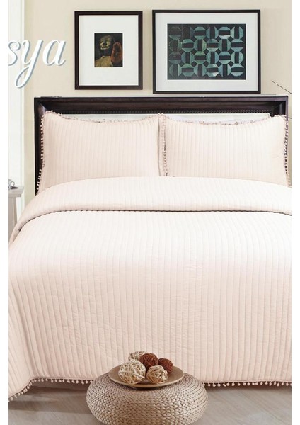 Asya Elyaf Dolgulu Çift Kişilik 240X260 cm Yatak Örtüsü Pudra
