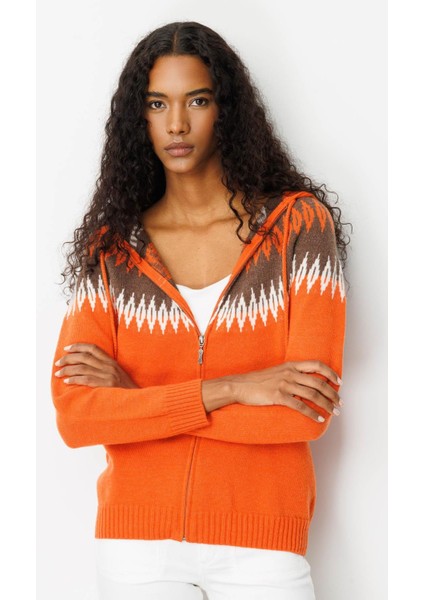 Kadın Kapüşonlu Robası Baklavalı Hırka Portakal