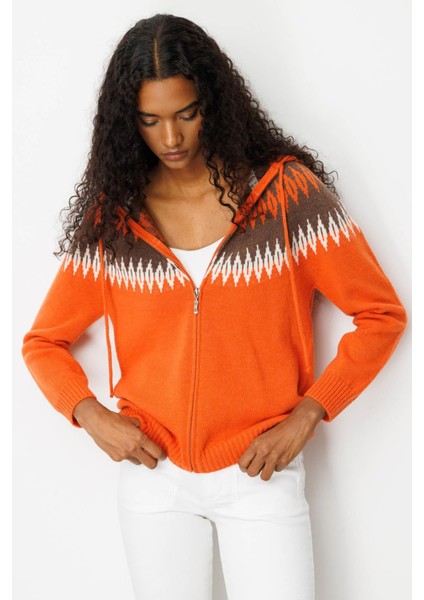 Kadın Kapüşonlu Robası Baklavalı Hırka Portakal fiyatları