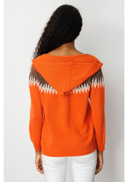 Kadın Kapüşonlu Robası Baklavalı Hırka Portakal modelleri