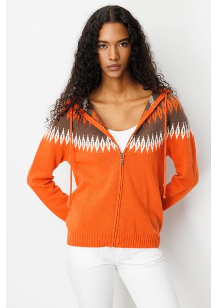 Kadın Kapüşonlu Robası Baklavalı Hırka Portakal fırsatları