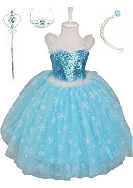 Mavi Askılı Tarlatanlı Kız Çocuk Elbise Elsa Taç Asa Özel Olay İçin A-Line Stil
