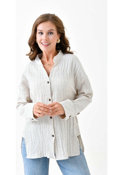 Kadın Pamuk Keten Baharlık Asimetrik Kesim Oversize Spor Şık Dokulu Ceket Gömlek