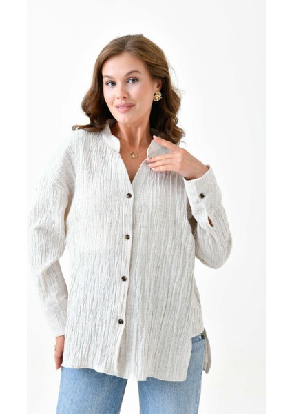 Kadın Pamuk Keten Baharlık Asimetrik Kesim Oversize Spor Şık Dokulu Ceket Gömlek indirimleri