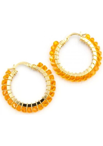 Kristal Boncuk Halka Küpe - Turuncu