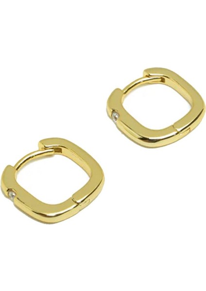 18K Altın Kaplama Mini Zarif Tektaş Kare Halka Küpe