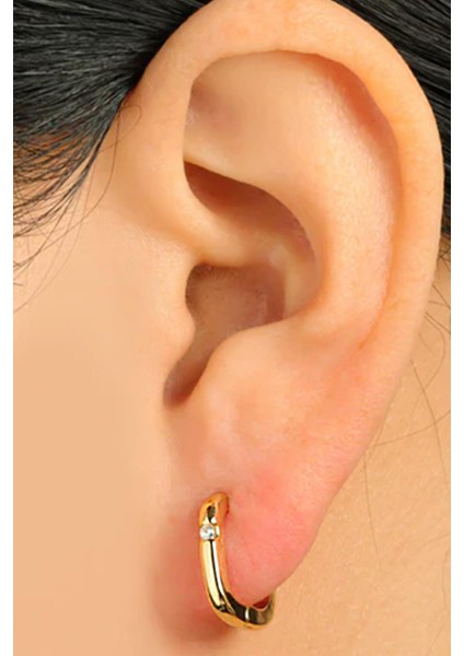 18K Altın Kaplama Mini Zarif Tektaş Kare Halka Küpe fırsatları