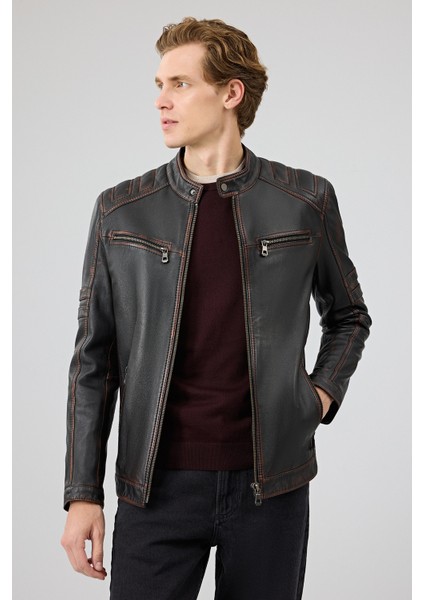 Leonard Erkek Kahverengi Vintage Slim-Fit Deri Ceket 25WGF6582VD