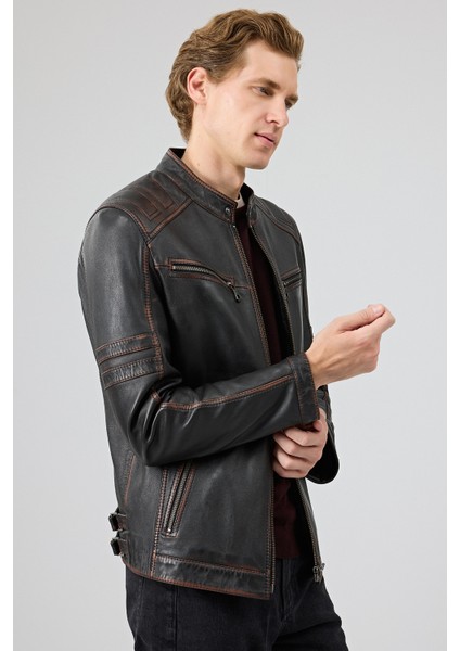 Leonard Erkek Kahverengi Vintage Slim-Fit Deri Ceket 25WGF6582VD