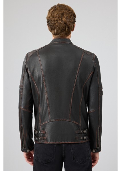 Leonard Erkek Kahverengi Vintage Slim-Fit Deri Ceket 25WGF6582VD