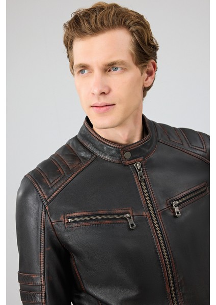 Leonard Erkek Kahverengi Vintage Slim-Fit Deri Ceket 25WGF6582VD