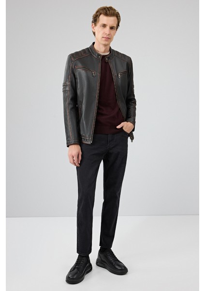 Leonard Erkek Kahverengi Vintage Slim-Fit Deri Ceket 25WGF6582VD