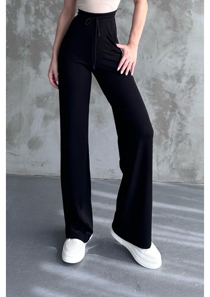 Kadın Yeni Sezon Bol Paça Fitilli Kumaş Bel Lastikli Mevsimlik Pantolon Siyah / M fiyatları