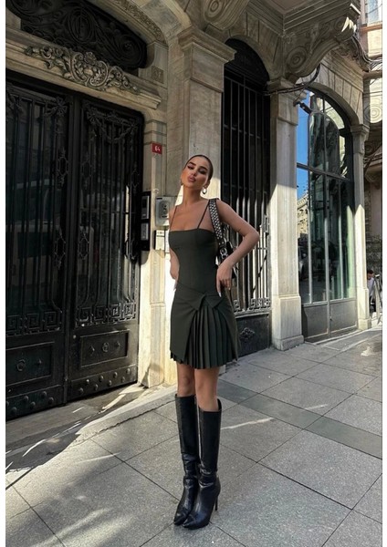 Iki Parçalı Pileli Askılı Mini Elbise - Haki modelleri