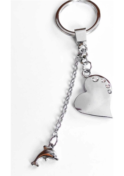 Üzeri Taşlı Kalp ve Zincir Ucunda Yunuslu Metal Anahtarlık