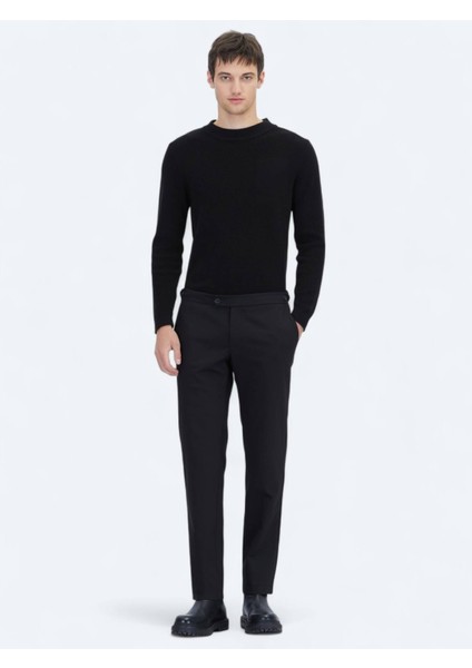 Siyah Dokuma Regular Fit Smart Casual Pamuk Karışımlı Pantolon
