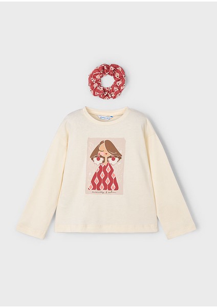 Kız Çocuk 2’li Set (4-10 Yaş) – Krem Renk Baskılı Pamuk Bluz ve Çiçek Desenli Tokalı Set fırsatları