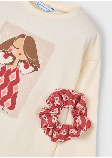 Kız Çocuk 2’li Set (4-10 Yaş) – Krem Renk Baskılı Pamuk Bluz ve Çiçek Desenli Tokalı Set