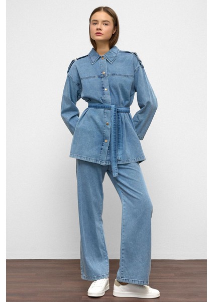Apolet Detaylı Tunik Pantolon Denim Takım Mavi 9381-TK