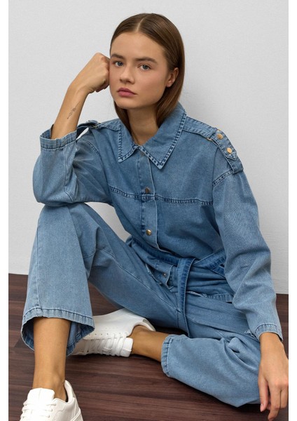 Apolet Detaylı Tunik Pantolon Denim Takım Mavi 9381-TK fiyatları