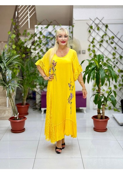 VL7795 Dantel Detay Çiçek Baskılı Vual Elbise Sarı