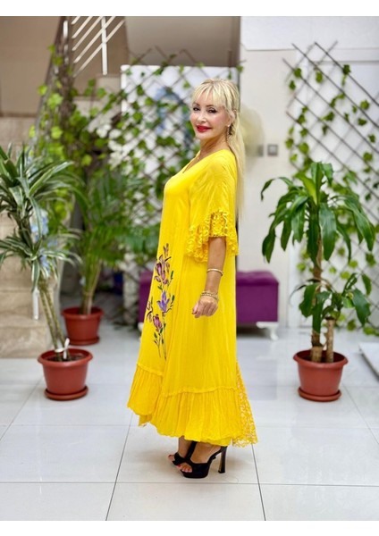 VL7795 Dantel Detay Çiçek Baskılı Vual Elbise Sarı fiyatları