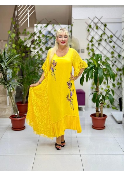 VL7795 Dantel Detay Çiçek Baskılı Vual Elbise Sarı fırsatları