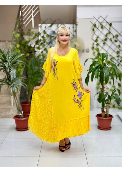 VL7795 Dantel Detay Çiçek Baskılı Vual Elbise Sarı indirimleri